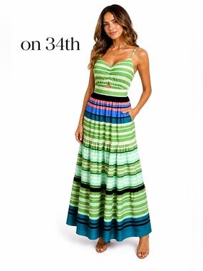 On 34th 100% Cotton Striped Maxi Dress Large Green Blue Tiered Sundress